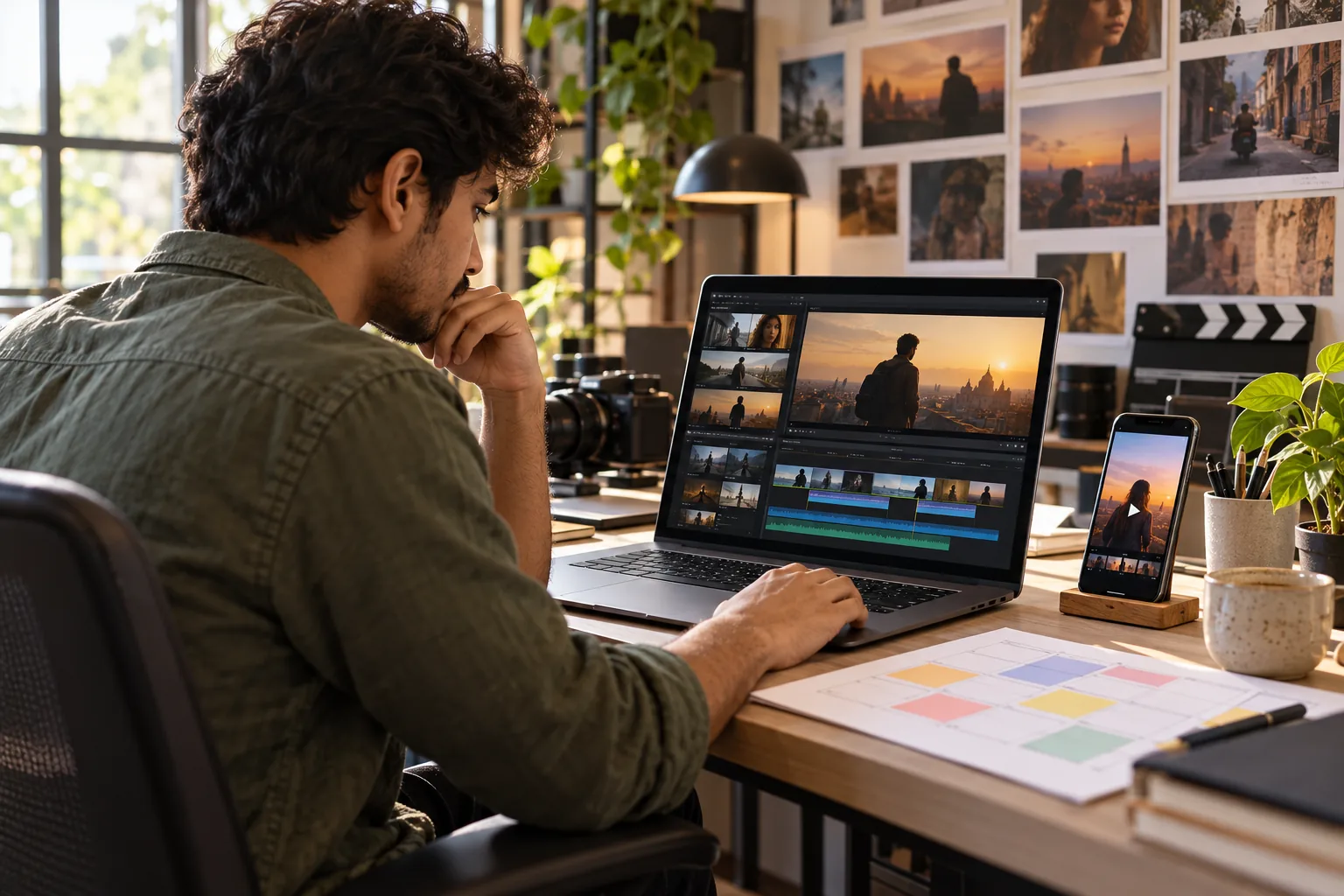 Filmmaker reviewing a film teaser and planning digital promotion content