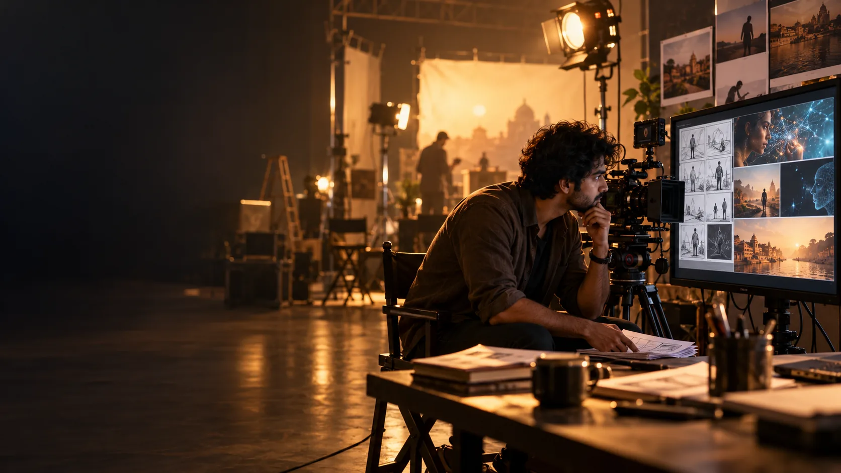 Filmmaker planning a film project with camera and AI-assisted visual references