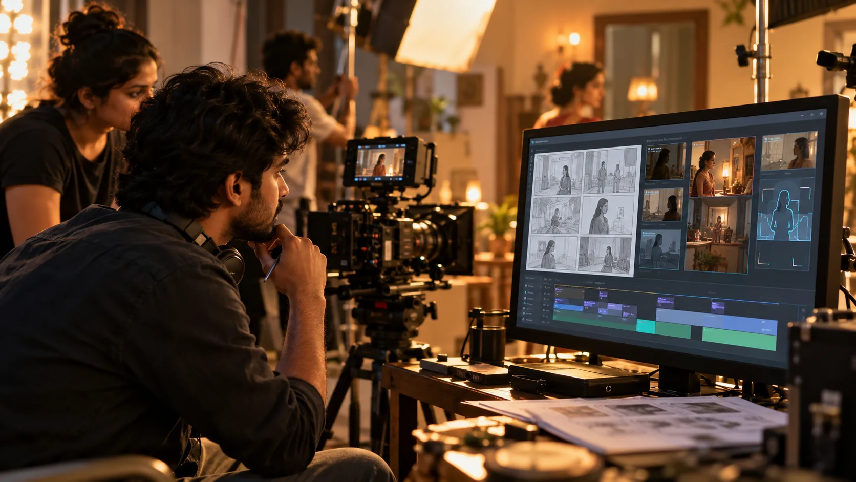 Filmmaker using AI-assisted storyboards and shot references during film planning