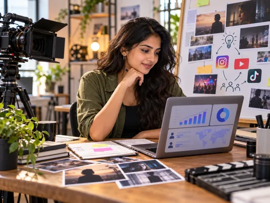 Woman creator reviewing a film promotion campaign and audience analytics