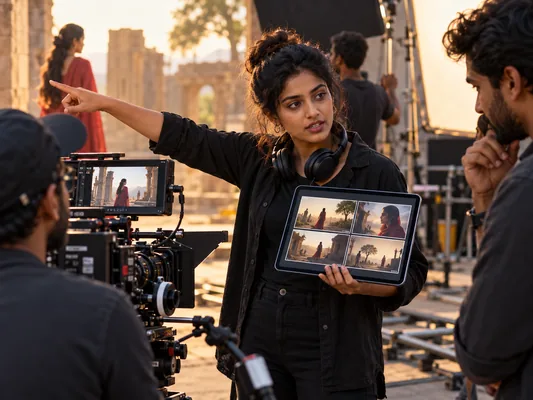 Woman filmmaker directing a scene while reviewing AI-assisted storyboard frames